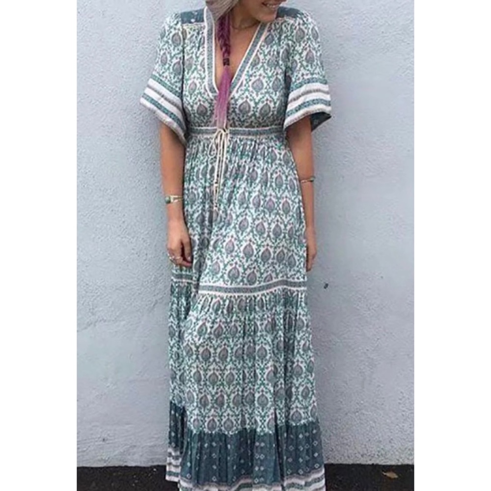 FP To Love Womens V Neck Button Up Midi Dress Medium Blue Pink Drawstring Waist - Picture 1 of 7